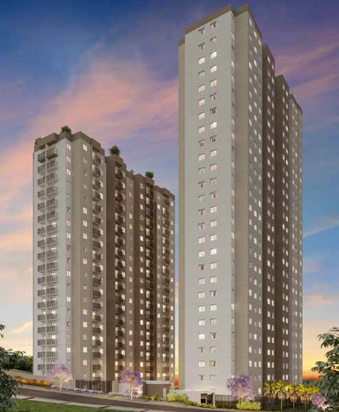Fachada do Ares do Horto Pau Brasil, apartamentos de 2 dormitórios de 31 a 35 m² no Campo Limpo, São Paulo