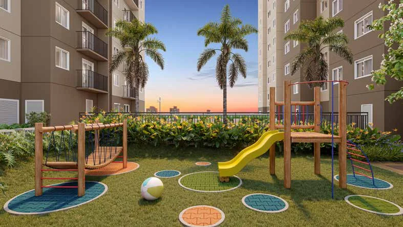 Playground – perspectiva ilustrada do lazer do Ares do Horto Pau Brasil, apartamentos de 2 dormitórios no Campo Limpo, São Paulo